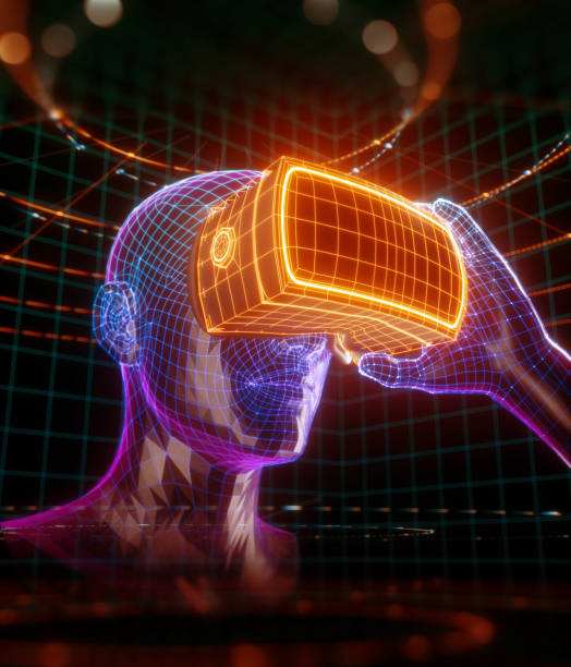 istock 3D render of virtual man holding virtual reality glasses surrounded by virtual data with neon orange lines and dots. Player begins the VR game. VR experience. View with depth of field. 1096522418