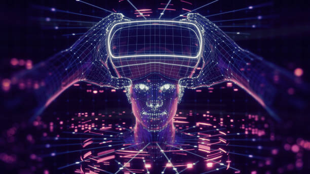 istock 3D render of virtual man holding virtual reality glasses surrounded by virtual data with neon ultraviolet lines. Player begins the VR game. VR experience. 1096522538