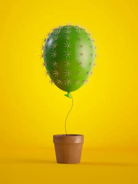 Photo of 3d render, green cactus air balloon growing, potted plant, isolated on yellow background, metaphorical concept, design element, digital illustration.