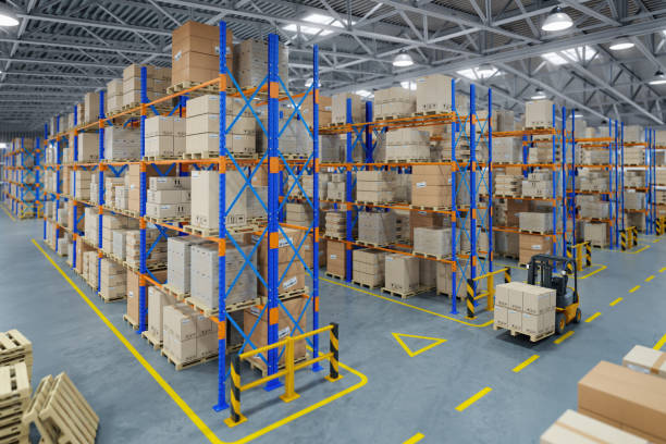 istock Forklift truck in warehouse or storage and shelves with cardboard boxes. 1096527736