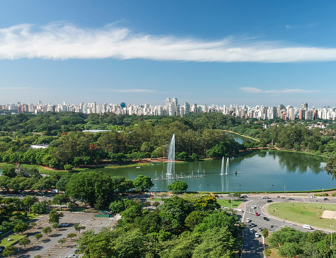 Aerial view of Ibirapuera park and Sao Paulo Skyline, sunny day, Brazil
