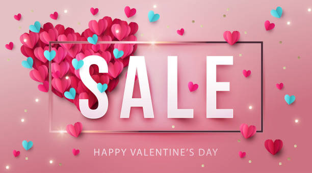 happy valentine's day wyprzedaż banner, plakat lub projekt ulotki z wielkim sercem wykonane z różowym i niebieskim origami hearts i złoty brokat. - vector valentine card craft valentines day stock illustrations