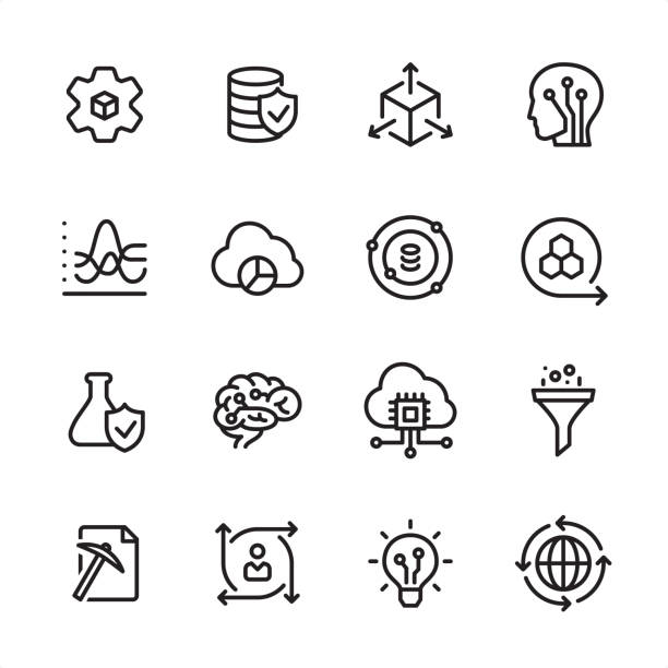 ilustrações de stock, clip art, desenhos animados e ícones de data science - outline icon set - diagram computer network network server network security