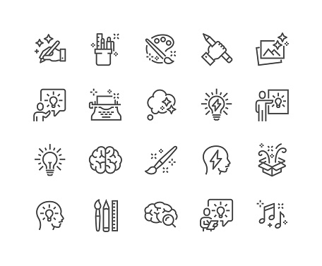 Simple Set of Creativity Related Vector Line Icons. 
Contains such Icons as Inspiration, Idea, Brain and more.
Editable Stroke. 48x48 Pixel Perfect.