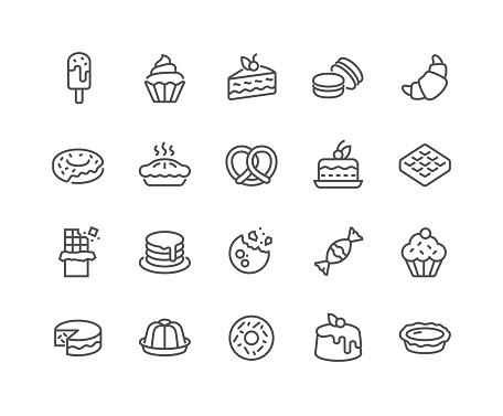 Simple Set of Dessert Related Vector Line Icons. 
Contains such Icons as Macarons, Bagel, Sweet Waffle and more.
Editable Stroke. 48x48 Pixel Perfect.