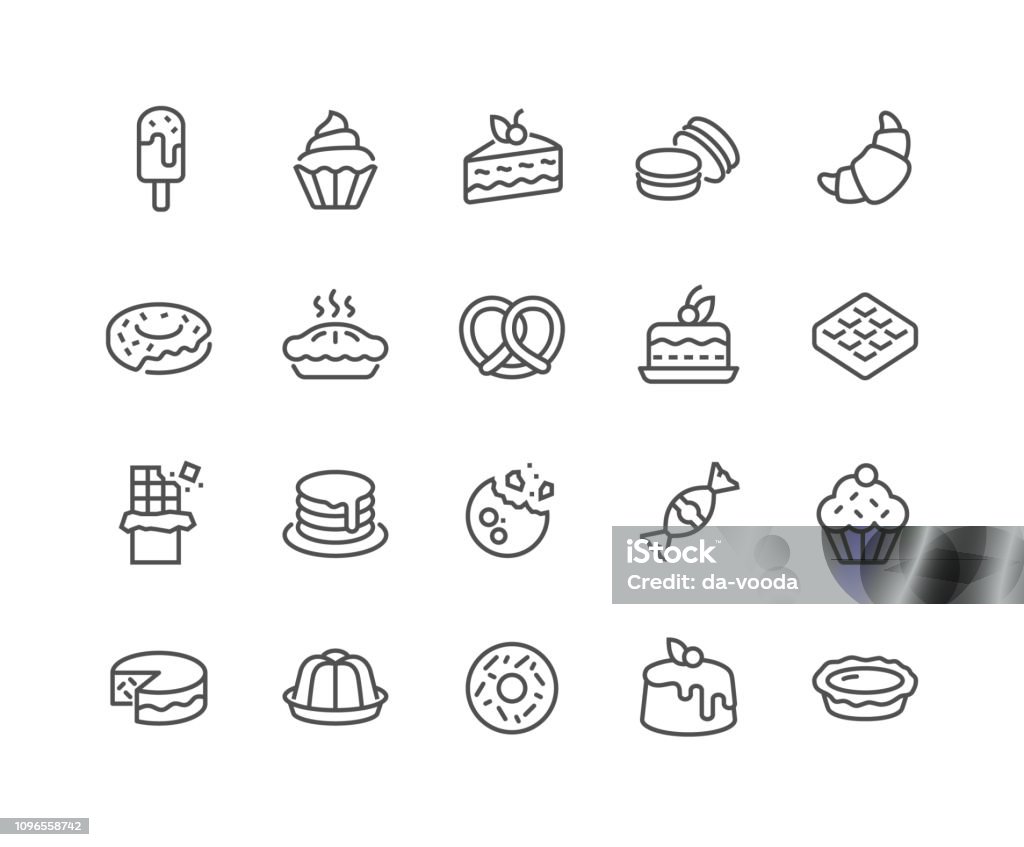 Line Dessert Icons Simple Set of Dessert Related Vector Line Icons. 
Contains such Icons as Macarons, Bagel, Sweet Waffle and more.
Editable Stroke. 48x48 Pixel Perfect. Icon Symbol stock vector