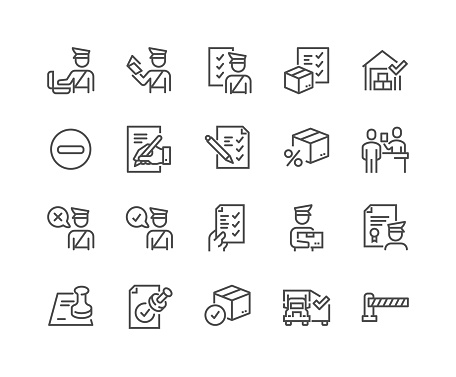 Simple Set of Customs Related Vector Line Icons. 
Contains such Icons as Declaration, Passport Control, Approve Stamp and more.
Editable Stroke. 48x48 Pixel Perfect.