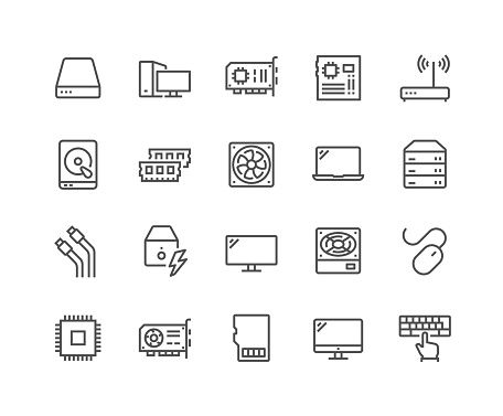 Simple Set of Computer Components Related Vector Line Icons. 
Contains such Icons as CPU, RAM, Power Adapter, Cables and more.
Editable Stroke. 48x48 Pixel Perfect.