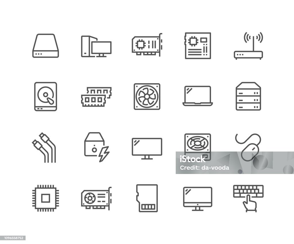 Line Computer Components Icons Simple Set of Computer Components Related Vector Line Icons. 
Contains such Icons as CPU, RAM, Power Adapter, Cables and more.
Editable Stroke. 48x48 Pixel Perfect. Icon stock vector