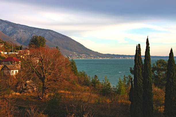 istock Seascape on the background of mountains 1096569080