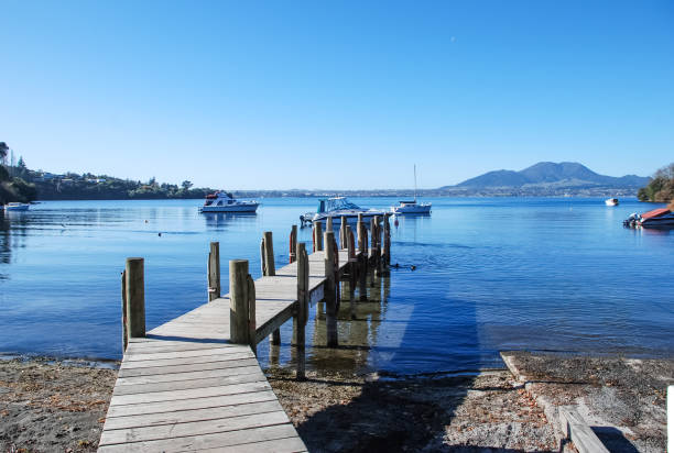 paisagem no lago com um cais - plank boardwalk pontoon bridge summer - fotografias e filmes do acervo