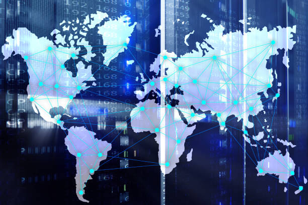 istock Internet and telecommunication concept with world map on server room background 1096576416