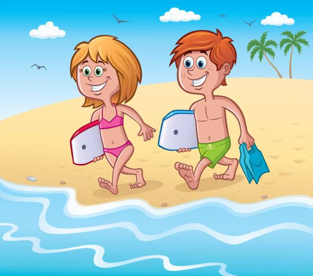 ilustrações, clipart, desenhos animados e ícones de crianças com bodyboards na praia - 2334