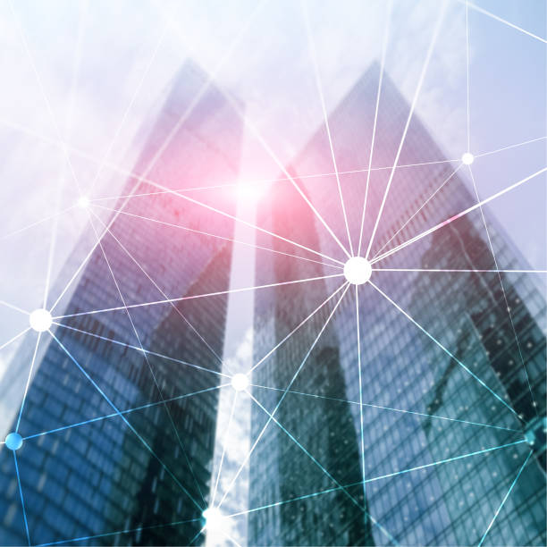 istock Blockchain network on blurred skyscrapers background. Financial technology and communication concept. 1096596406