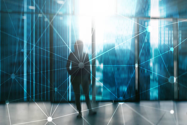 istock Blockchain network on blurred skyscrapers background. Financial technology and communication concept. 1096596422