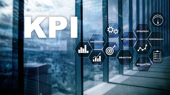 KPI - Key Performance Indicator. Business and technology concept. Multiple exposure, mixed media. Financial concept on blurred background.