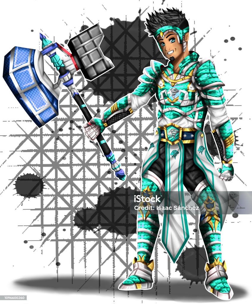 Aaron, he is a medieval knight character A medieval knight. His main weapon is a big hammer. Abstract stock illustration