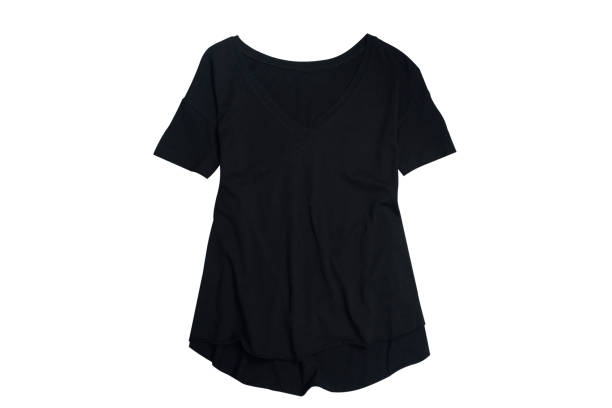 istock Female summer wardrobe. Black t-shirt. Top view. Isolate on white background 1096606686