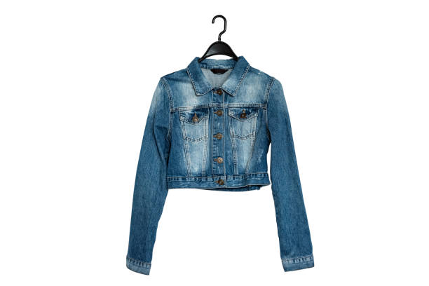 istock Denim jacket on a hanger. Fashionable wardrobe. Isolate on white background 1096606762