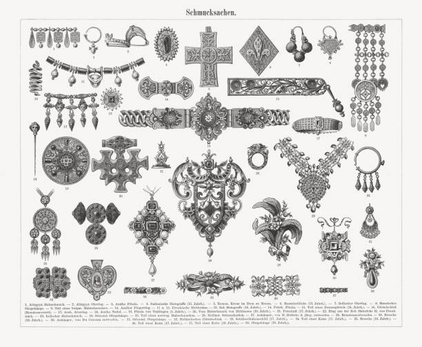 Historical jewelry: 1) Ancient Egyptian necklace; 2) Ancient Egyptian earring; 3) Ancient fibula; 4) Italian hat agraffe (15th century); 5) Romanesque cross in the Monza Cathedral; 6) Coat clasp (13th century); 7) Indian earring; 8) Moorish eardrops; 9) Part of a Bulgarian necklace; 10) Antique finger ring; 11-12) Etruscan necklace; 13) Italian hat agraffe (14th century); 14) Franconian fibula; 15) Part of a women's belt (14th century); 16) Belt lock (renaissance); 17) Arabic bracelet; 18) Antique needle; 19) Fibula of Tuttingen (5th century); 20) Necklace (Hiddensee, 10th century); 21) Signet (17th century); 22) Ring from the time of Henry II of France; 23) Indian necklace ; 24) Oriental eardrops; 25) Part of a Norwegian necklace; 26) Dutch piece of jewelry; 27) Pendant, designd by Hans Holbein the Younger; 28) Brooch (renaissance); 29) Brooch (18th century); 30) Pendant, designd by Du Cerceau (France); 31) Oriental eardrops; 32) Dutch belt lock; 33) key hook board (17th century); 34) Part of a chain (17th century); 35) Brooch (18th century); 36) Part of a chain (17th century); 37) Part of a chain (18th century); 38) Eardrops (18th century). Wood engravings, published in 1897.