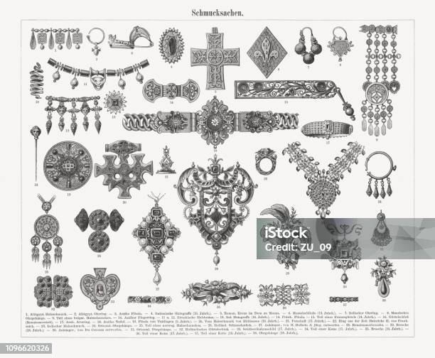 Historical Jewelry Wood Engravings Published In 1897 Stock Illustration - Download Image Now