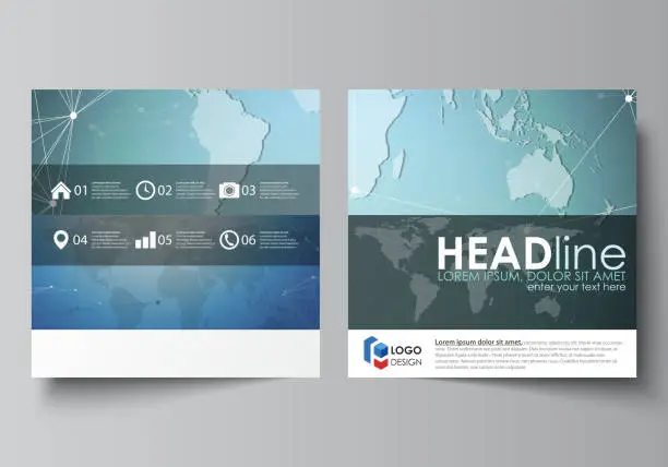 Vector illustration of The minimalistic vector illustration of the editable layout of two square format covers design templates for brochure, flyer, booklet. Chemistry pattern, connecting lines and dots. Medical concept.