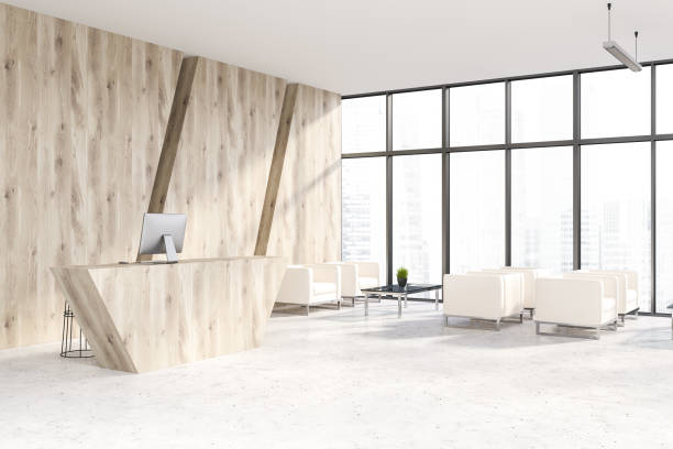 istock Wooden office reception area corner 1096624606