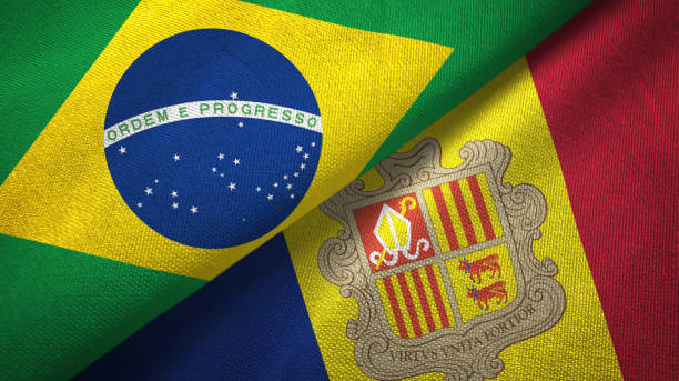 istock Andorra and Brazil two flags together textile cloth, fabric texture 1096625780