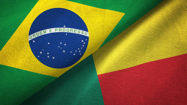 istock Benin and Brazil two flags together textile cloth, fabric texture 1096625800