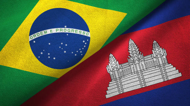 istock Cambodia and Brazil two flags together textile cloth, fabric texture 1096625820