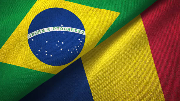 istock Chad and Brazil two flags together textile cloth, fabric texture 1096625824