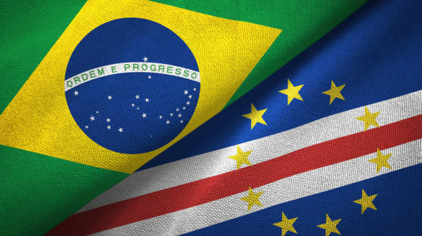 istock Cape Cabo Verde and Brazil two flags together textile cloth, fabric texture 1096625834