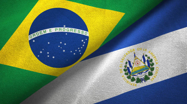 istock El Salvador and Brazil two flags together textile cloth, fabric texture 1096625868