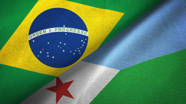 istock Djibouti and Brazil two flags together textile cloth, fabric texture 1096625874