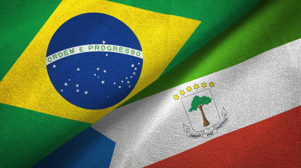 istock Equatorial Guinea and Brazil two flags together textile cloth, fabric texture 1096625890