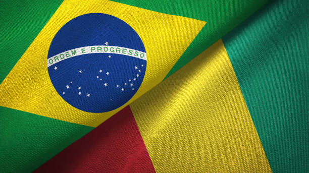 istock Guinea and Brazil two flags together textile cloth, fabric texture 1096625900