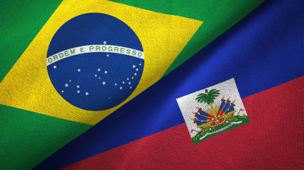 istock Haiti and Brazil two flags together textile cloth, fabric texture 1096625914