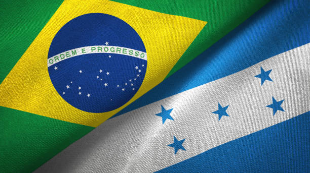 istock Honduras and Brazil two flags together textile cloth, fabric texture 1096625920