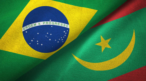 istock Mauritania and Brazil two flags together textile cloth, fabric texture 1096625956