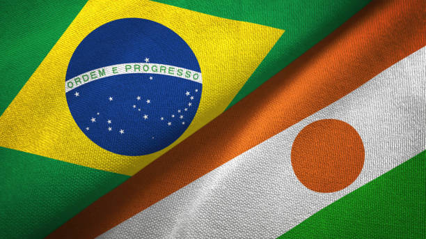 istock Niger and Brazil two flags together textile cloth, fabric texture 1096625998