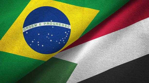 istock Sudan and Brazil two flags together textile cloth, fabric texture 1096626082
