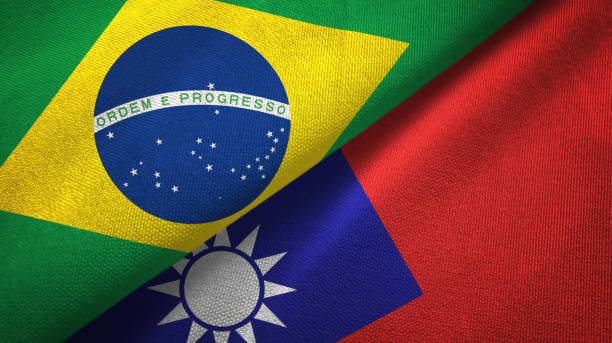 istock Taiwan and Brazil two flags together textile cloth, fabric texture 1096626084