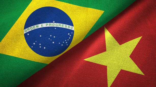 istock Vietnam and Brazil two flags together textile cloth, fabric texture 1096626118