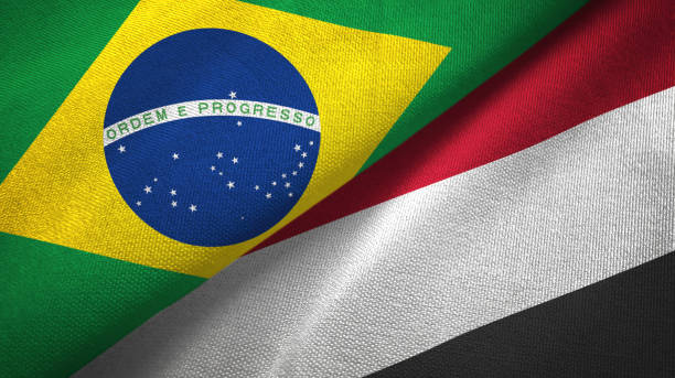 istock Yemen and Brazil two flags together textile cloth, fabric texture 1096626160