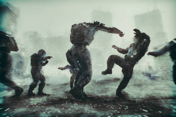 istock Futuristic robot fight against humans 1096626314