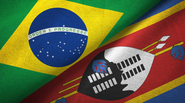 istock Eswatini Swaziland and Brazil two flags together textile cloth, fabric texture 1096626608