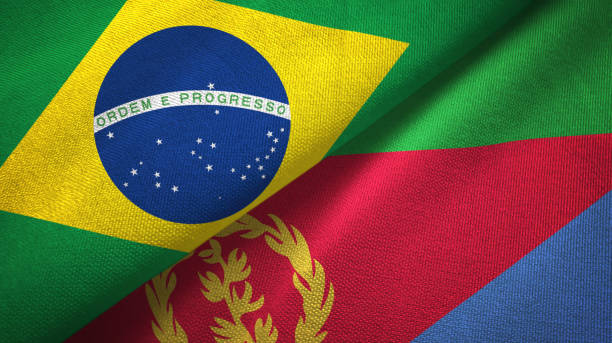 istock Eritrea and Brazil two flags together textile cloth, fabric texture 1096626610