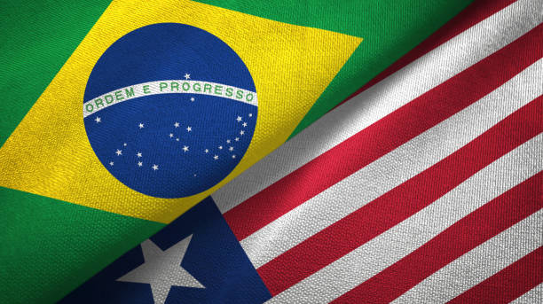istock Liberia and Brazil two flags together textile cloth, fabric texture 1096626616