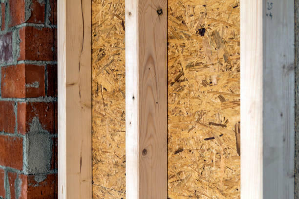 istock Close up detail of house construction wooden wall elements. Interior frame renovation work 1096645204
