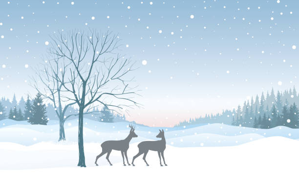 weihnachten hintergrund. schnee winter landschaft skyline mit hirschen.  merry christmas wallpaper retrodesign. - wintry landscape stock-grafiken, -clipart, -cartoons und -symbole